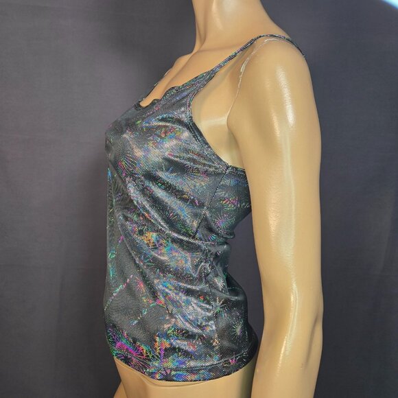 Vintage 90s Y2k Le Chateau Silver Metallic Iridescent Stars Tank Top Size M - Picture 6 of 11